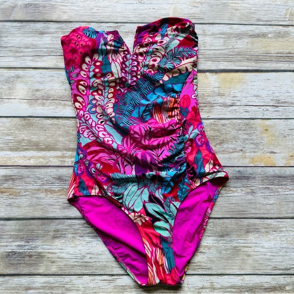 Nanette Strapless Pink Floral Swimsuit S - Picture 1 of 8